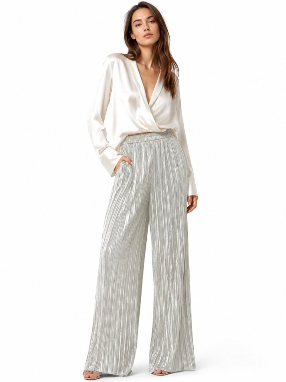 Metallic Pleated Straight-Leg Pants in sea-foam green